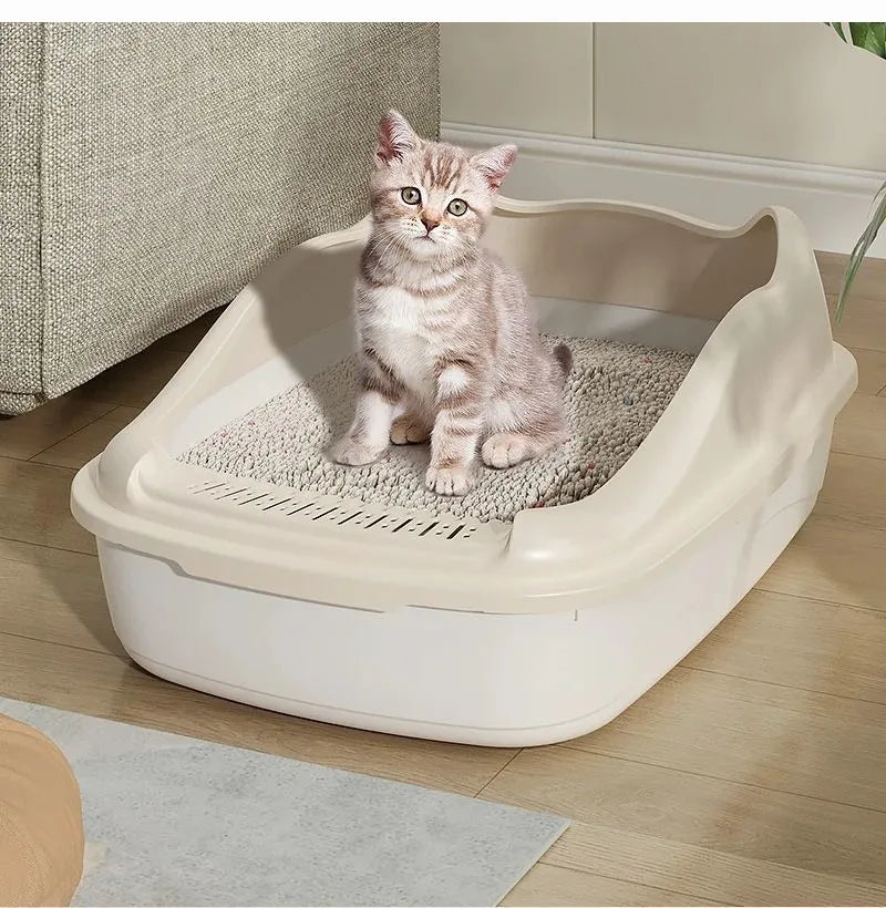 Semi Closed Cat Litter Box | High Side Kitten Tray with Scoop | Anti-Splash Pet Toilet
